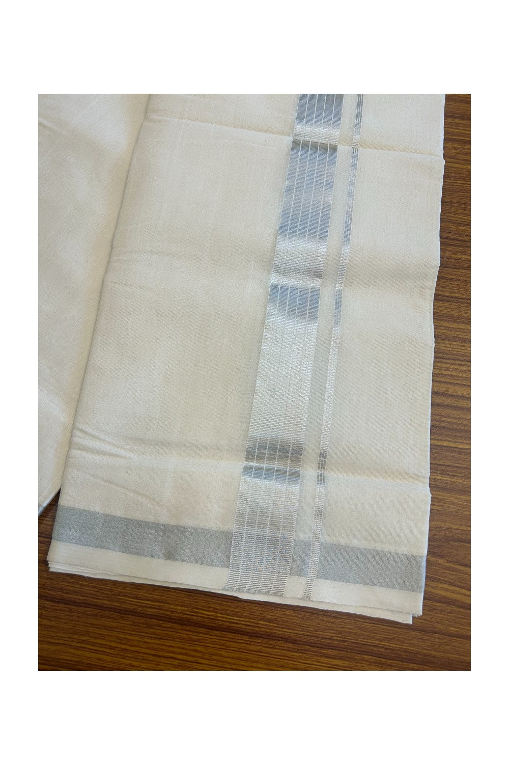 15% DISCOUNT! KaithariKada HANDLOOM Millpaav Balaramapuram - 100% PURE Cotton Off White (Unbleached) -  Double Mundu/Dhoti - 2.25inch Silver Kasavu Stripes-43