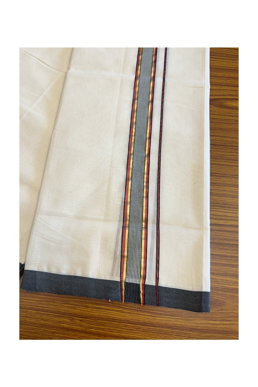 19% DISCOUNT!! KaithariKada HANDLOOM Millpaav Balaramapuram - 100% PURE Cotton OFF White Double - (Unbleached) Mundu/Dothi - 2 Inch Red & Black Gold Kasav Striped Kara - 5KK5056RAM