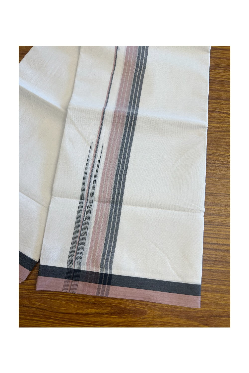 19% Discount!!! KaithariKada Balaramapuram  PURE WHITE Double Mundu/Dhoti - 80X90 - 2 inch Silver stripes Black & Dusty Rose  puliyilakkara striped chutty kara 3.85 meters - 5KK5058GUN