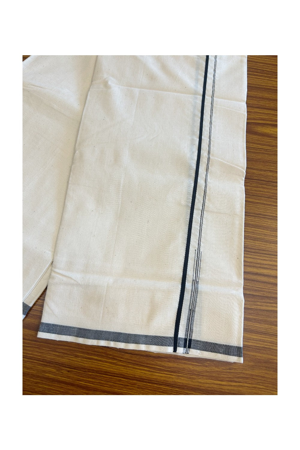 32% Discount ! KaithariKada 100% Cotton Balaramapuram HANDLOOM Off white (Unbleached) Single Mundu/Dhoti -  0.5 cm Black puliyilakkara  -5.