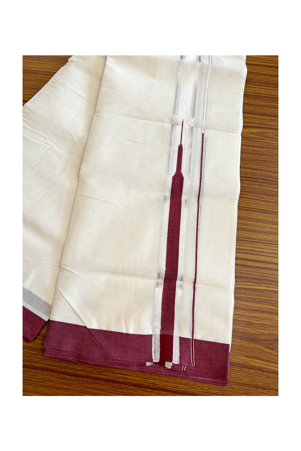 24% DISCOUNT! KaithariKada Balaramapuram 100% Cotton Double Off white - (Unbleached) Mundu/Dhoti-100x100 2 inch Chutty Heavy Designer Dark Maroon & SILVER Kasavu Kara - 5KK5063KK