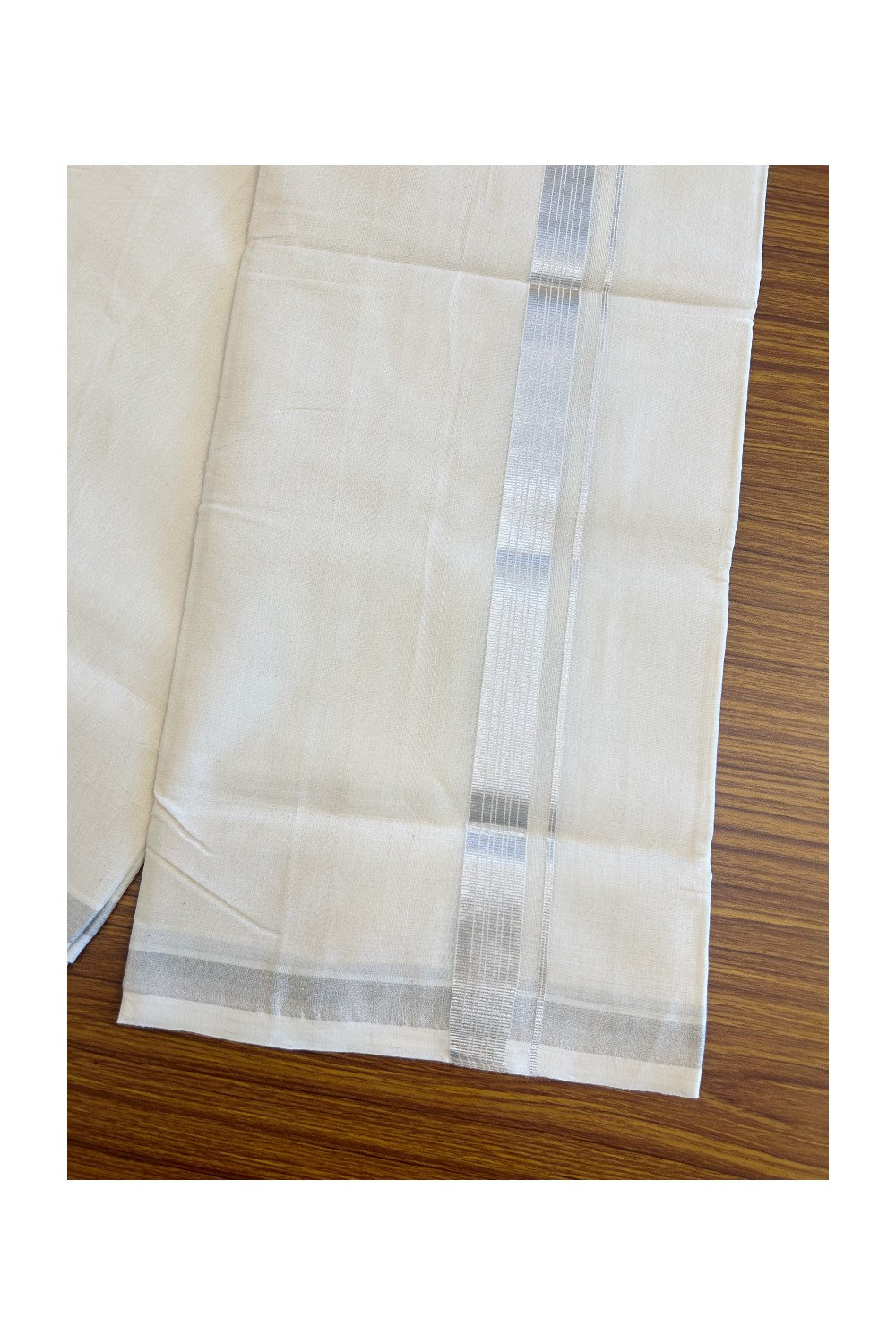 25% DISCOUNT ! KaithariKada HANDLOOM Millpaav Balaramapuram - 100% PURE Cotton Off White - (Unbleached) Double Mundu/Dhoti - Silver KASAVU Stripes Design-6KK43RAN.