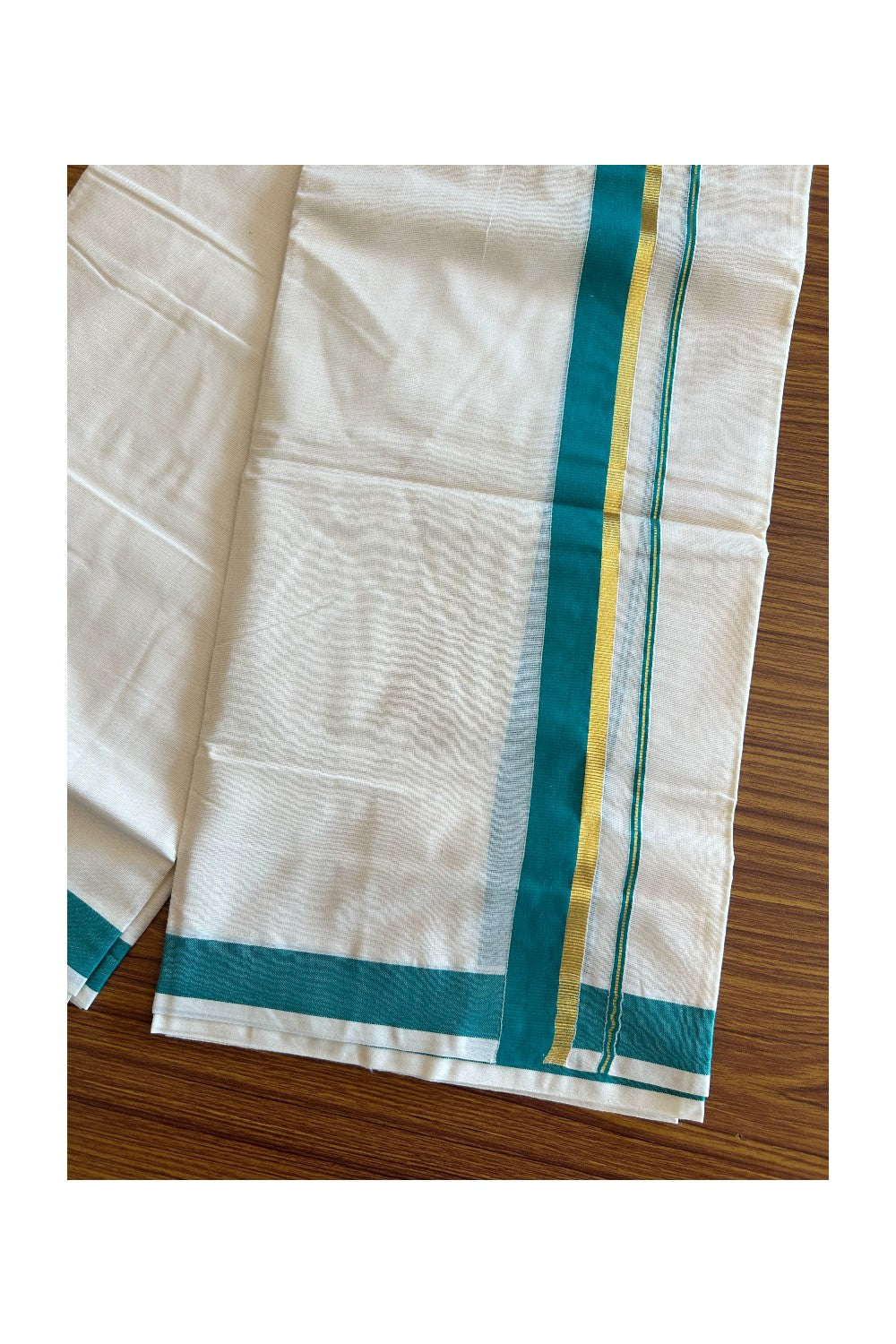 10% Discount! KaithariKada Balaramapuram 100% Cotton Off White - (Unbleached) Double Mundu/Dhoti-80x72 GREEN & KASAVU - 2KK57VIN