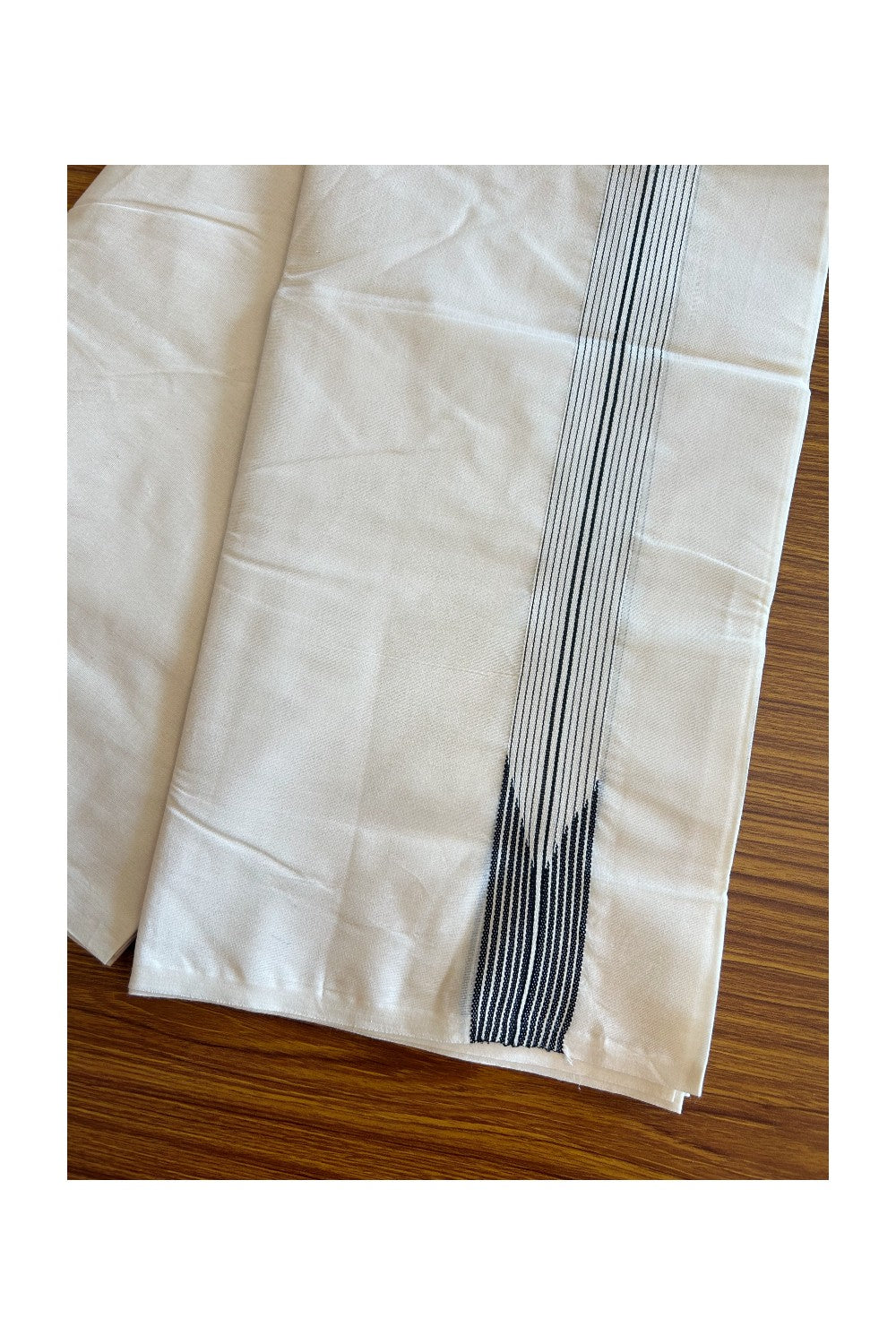 19% DISCOUNT ! KaithariKada Balaramapuram 100%  COTTON DOUBLE OFF WHITE - (Unbleached) Mundu/Dhoti-100X100- 1.5 Inch 12 Line Puliyilakkara Black Striped Chutty Kara - 5KK5079ASH