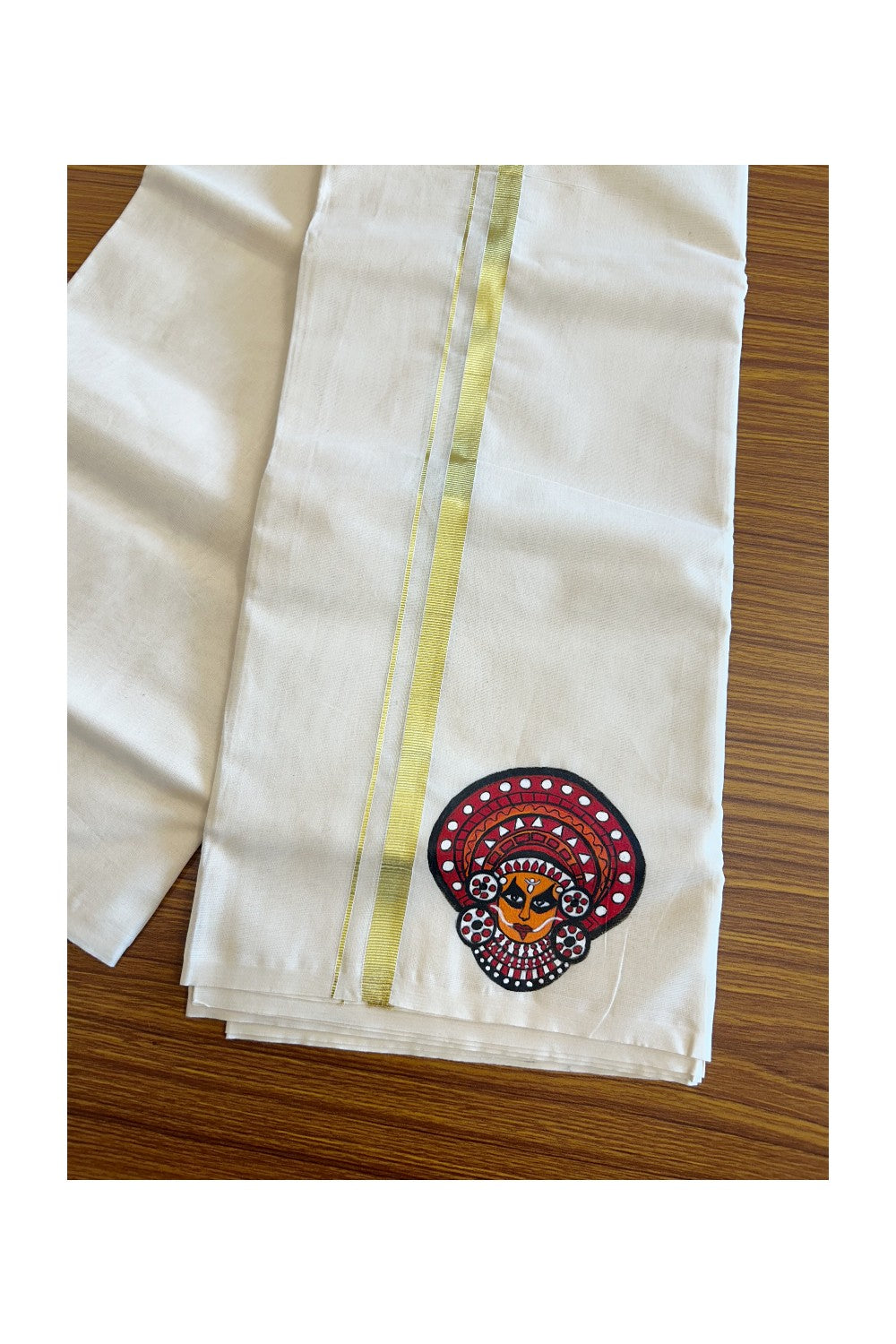 KaithariKada Balaramapuram 100% Cotton Double Off white - (Ubleached) Mundu/Dhoti-100x80 1 inch Kasavu & Hand Painted Theyyam Design Kara 3.70 meter- 5KK5083ASH