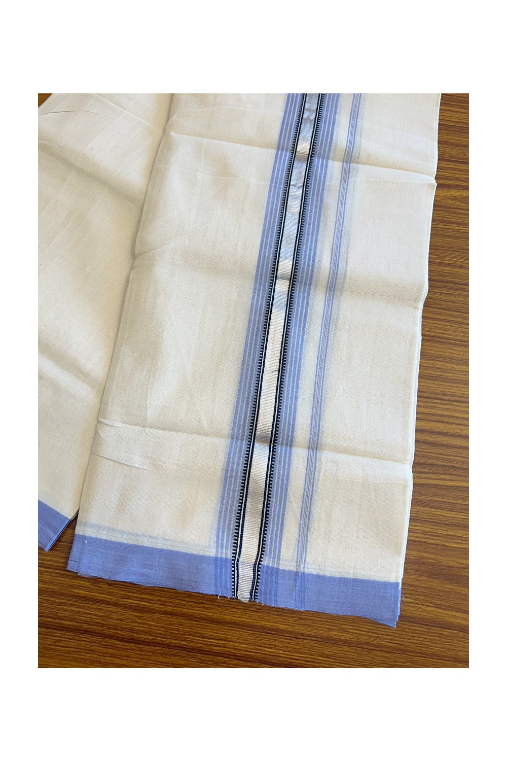 19% Disocunt! KaithariKada HANDLOOM UNAKKUPAAV Balaramapuram - 100% Cotton Double OFF White (Unbleached) - Mundu/Dhoti - 100x100 3.25 inch Lavendar & Black Silver kasavu Stripes Kara - 5KK5096YAR