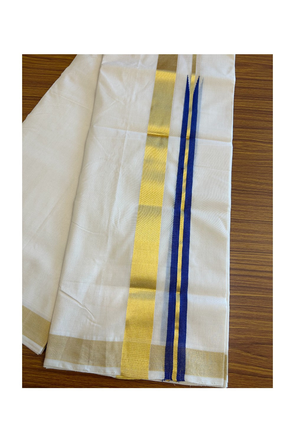 30% DISCOUNT ! KaithariKada HANDLOOM Unakkupaav Balaramapuram - 100% PURE Cotton Off White - (Unbleached) Double Mundu/Dhoti - 100x100 1.5 Inch Kasavu Navy blue long Chutty - 5KK5097ABH