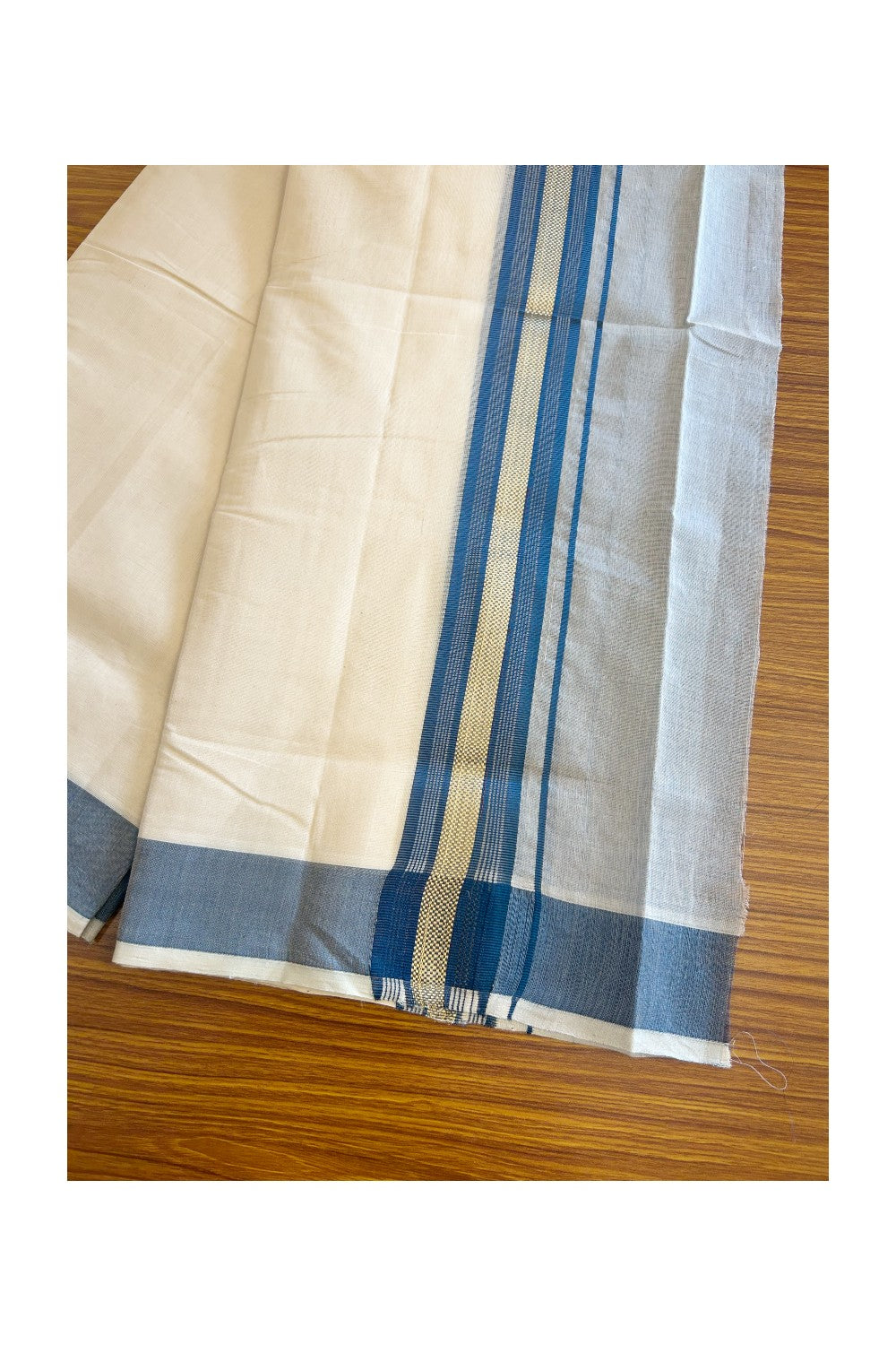 30% DISCOUNT! KaithariKada HANDLOOM Millpaav Balaramapuram - 100% PURE Cotton Off White (Unbleached) -  Double Mundu/Dhoti - 7 inch Gold Kasavu & Blue Half Tissue Kara- 5KK5105RAM