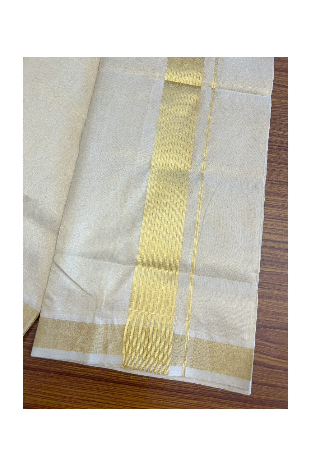 30% DISCOUNT ! KaithariKada HANDLOOM Unakkupaav Balaramapuram - 100% PURE Cotton Off White - (Unbleached) Double Mundu/Dhoti - 2.75 inch Gold Kasavu Striped Kara & Kasavu Tissue Body - 5KK5107ABH