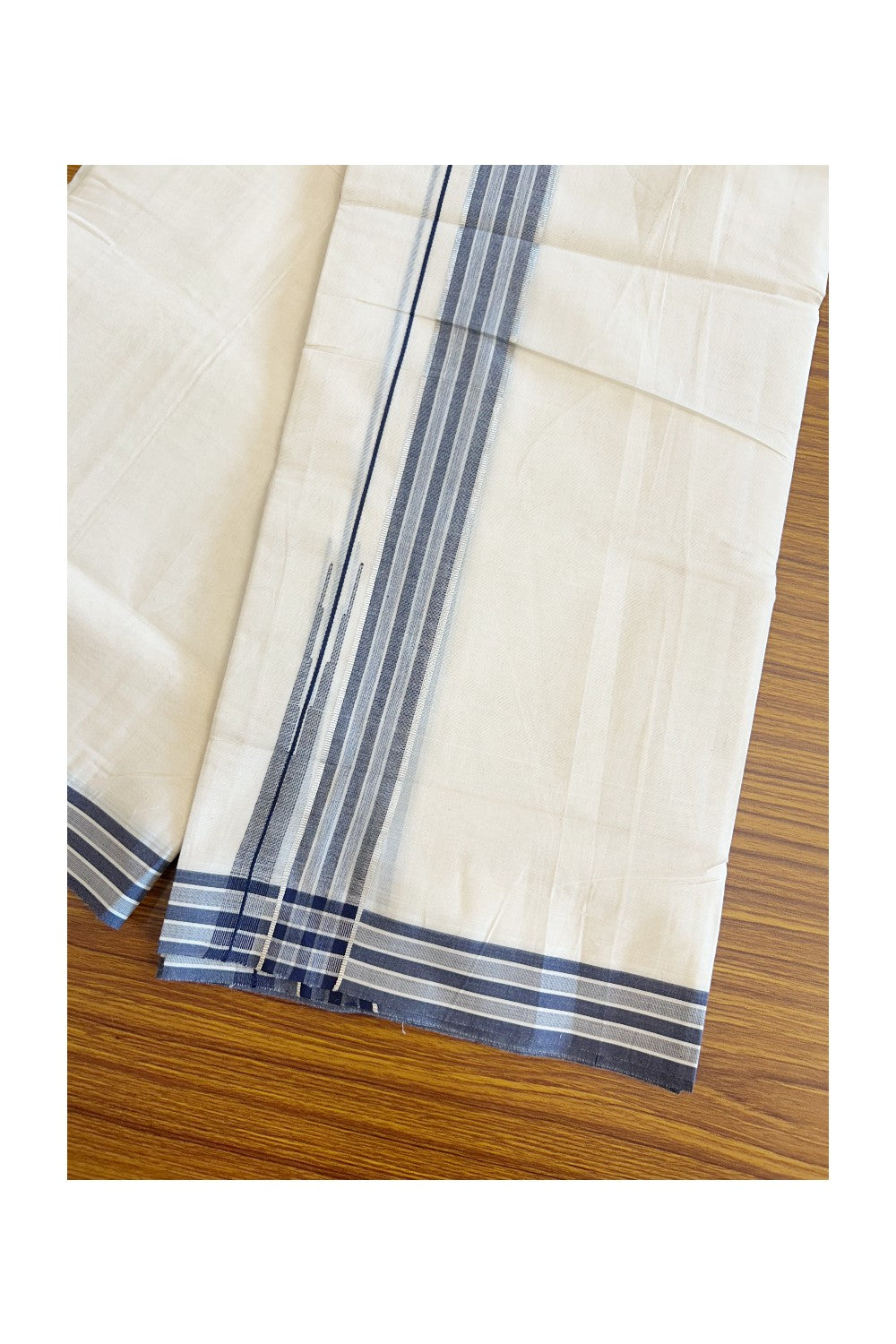 19% DISCOUNT! KaithariKada Balaramapuram 100% Cotton  Off white (Unbleached) Double Mundu/Dhoti-100x100 1.75 inch Puliyilakkara Blue & Silver Kasavu Chutty kara - 5KK5110THI