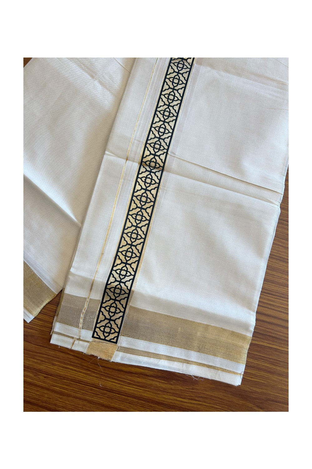 20% DISCOUNT ! KaithariKada Balaramapuram Mixed Cotton OFF White (Unbleached) Double Mundu/Dhoti - 80x80 Thread Mixed Cotton - 2 inch Gold kasavu & Black designer kara - 5KK5113PMC