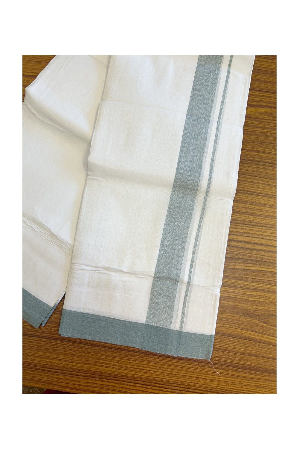 Linen Dhoti NEW! 20% Discount from Kaitharikada.com - Double Mundu/Dhoti 80x90 Thread PURE WHITE - Pure Cotton + Linen -2.25 Inch Ash Green Shaded Kara- 23KK5115THI