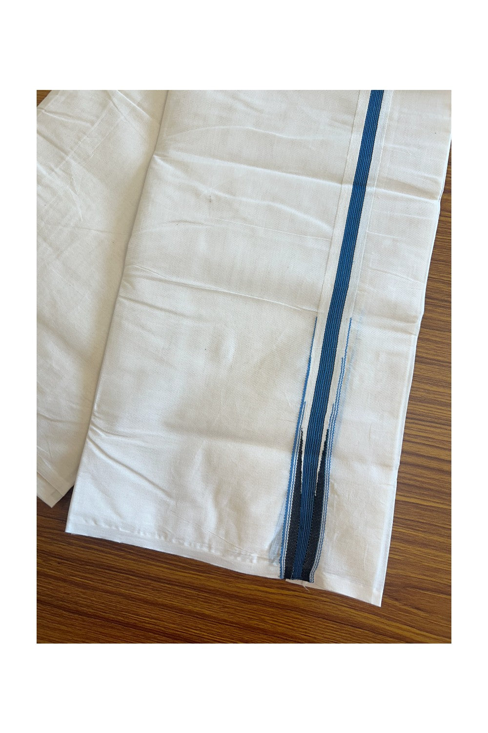 SHORT DHOTI SPECIAL! Kaitharikada.com - 19% Discount! Balaramapuram Double Off white - (Unbleached) Mundu/Dhoti - 100X100 - 1.25 inch Kara & 45 inches Height  Puliyilakkara Blue & Black Striped Chutty Kara - 5KK5117ASH