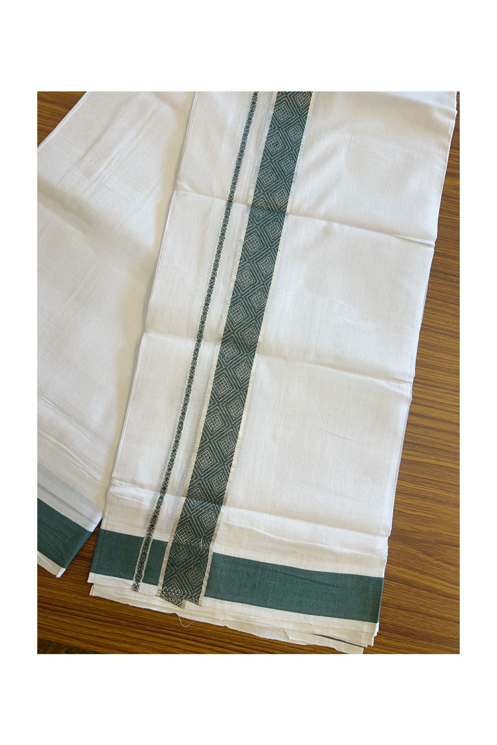 20% DISCOUNT! KaithariKada Balaramapuram 100% Cotton Double PURE white Mundu/Dhoti - 100x80 - 2 Inch Silver kasavu & Green jacquard pattern Kara - 5KK5118PMC