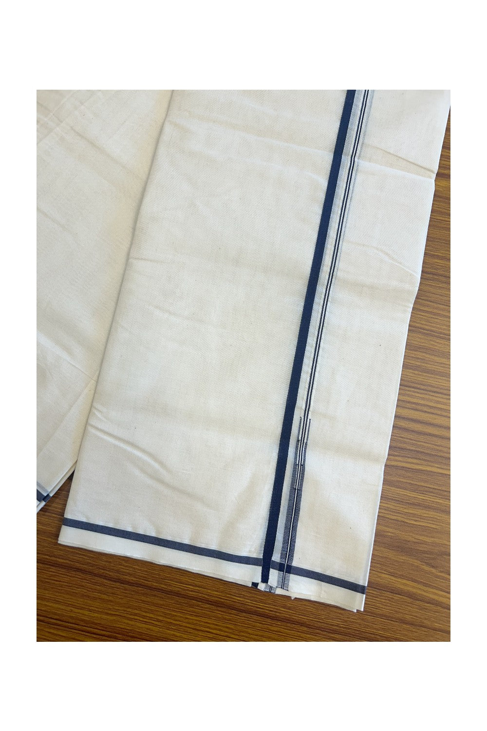 19% DISCOUNT!! KaithariKada Balaramapuram 100% Cotton off white (Unbleached) Double Mundu/Dhoti-100x100  1.cm Navy Blue Puliyilakkara Chutty - 5KK5130ASH