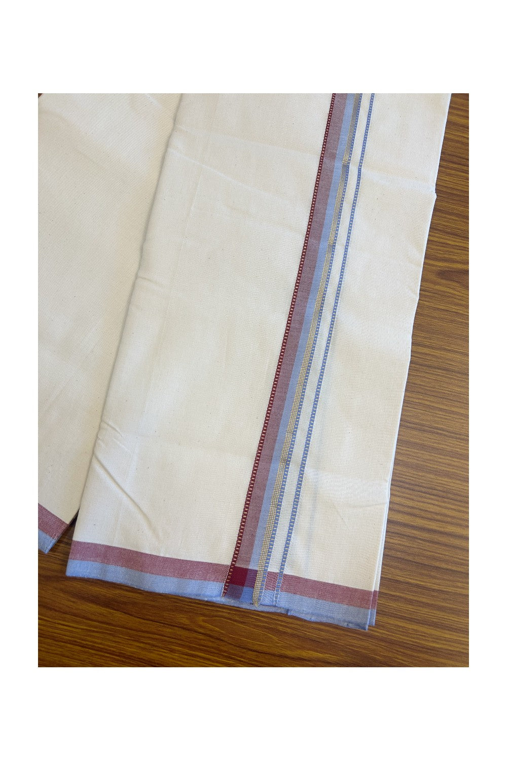 SIGNATURE KAITHARIKADA EXCLUSIVE SINGLE DHOTI - 30% Discount!!  100% Cotton Balaramapuram HANDLOOM Single Mundu/Dhoti - Off White - (Unbleached) 1 inch Lavender Blue & Maroon Kasavu striped Muthukuri kara  (2 meters /4 muzham) - 4KK5131KAI