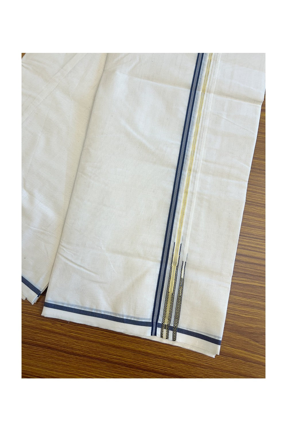 19% DISCOUNT! KaithariKada Balaramapuram 100% Cotton Double Off white - (Unbleached) - Mundu/Dhoti-100x100 1 cm  Chutty Puliyilakkara Navy Blue Striped & Kasavu Kara Double Chutty- 5KK5133ASH