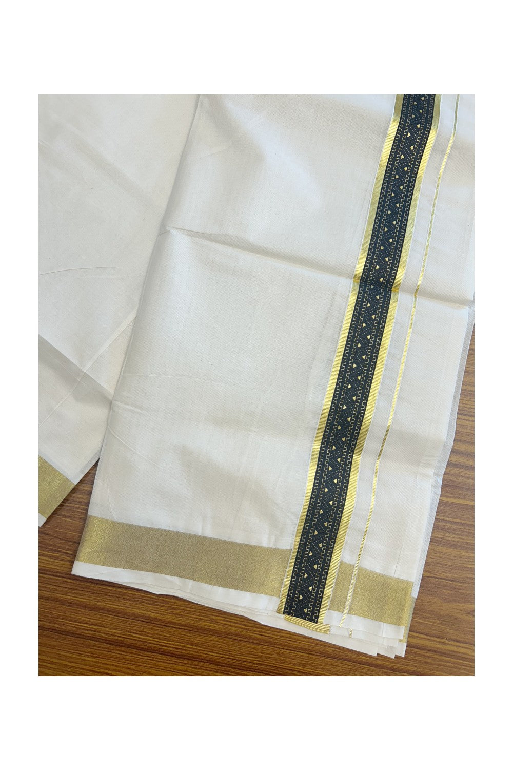 19% Discount !! KaithariKada Balaramapuram 100% Cotton Double Off white - (Unbleached) Mundu/Dhoti-100X80- 1.5 inch Hand Painted Kasavu & Black Design Kara- 5KK5135GAN