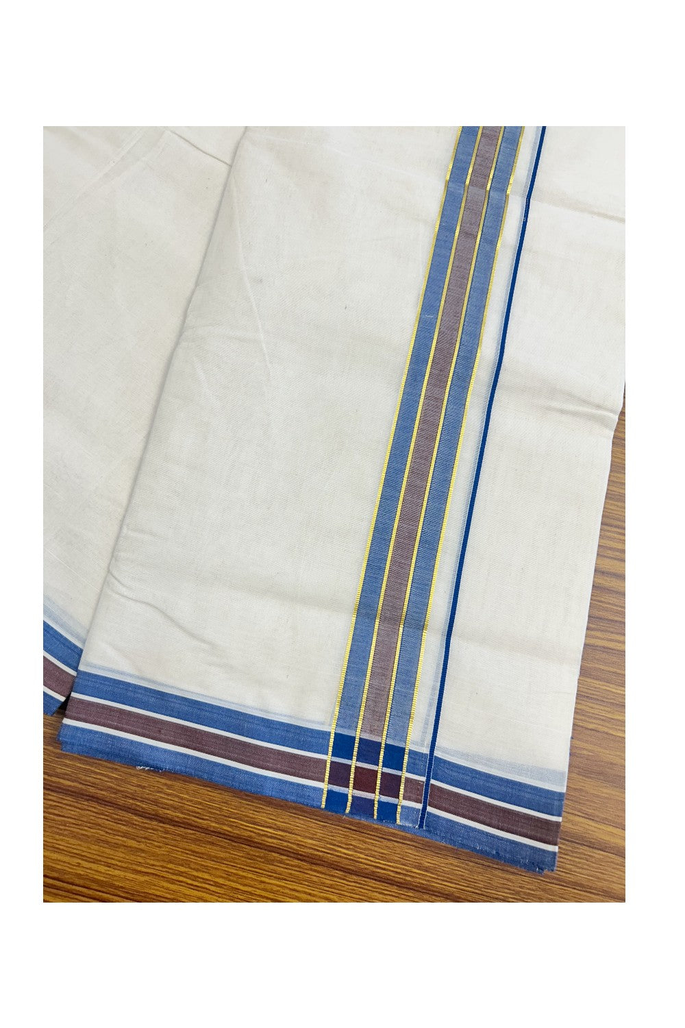 14% Discount !! KaithariKada Balaramapuram 100% Cotton Double Off white - (Unbleached) - Mundu/Dhoti-100X100 - 1.5inch Gold Kasavu & Blue Brown Kara.- 5KK5140ASH