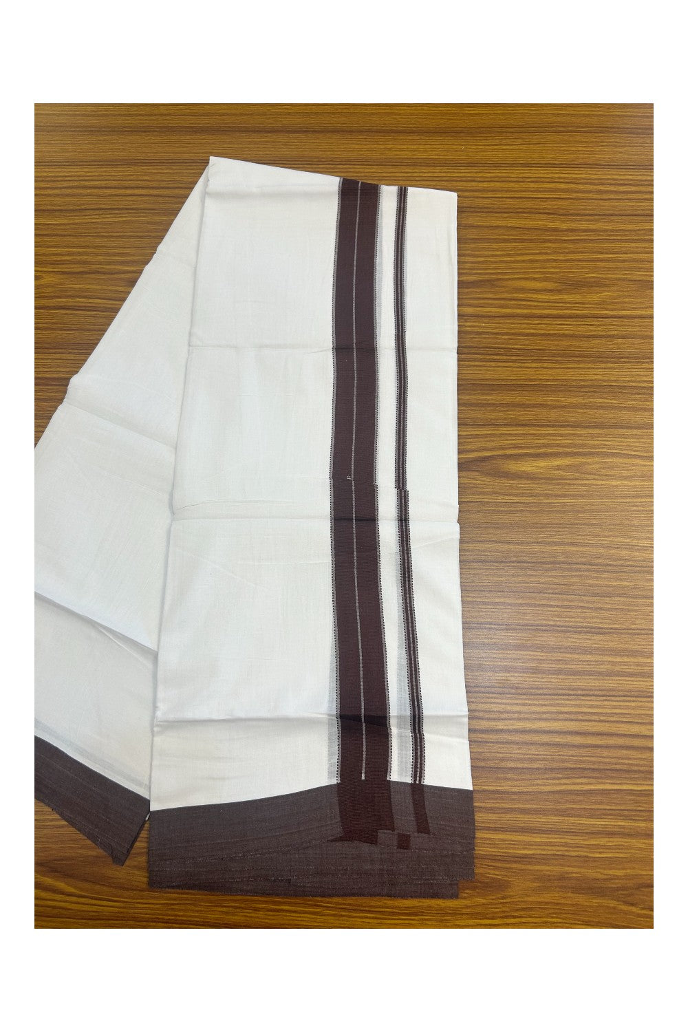 21% DISCOUNT! KaithariKada Balaramapuram 100% Cotton Double PURE white Mundu/Dhoti-100x80 - 1.5 Inch Brown Design Kara - 5KK5143PMC