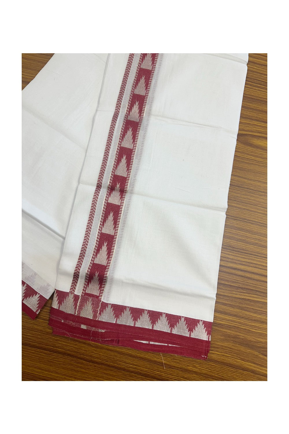 20% DISCOUNT! KaithariKada Balaramapuram 100% Cotton Double PURE white Mundu/Dhoti - 100x80 - 1.25 Inch Magenta Red & Silver kasavu Temple Design Kara - 5KK5147PMC