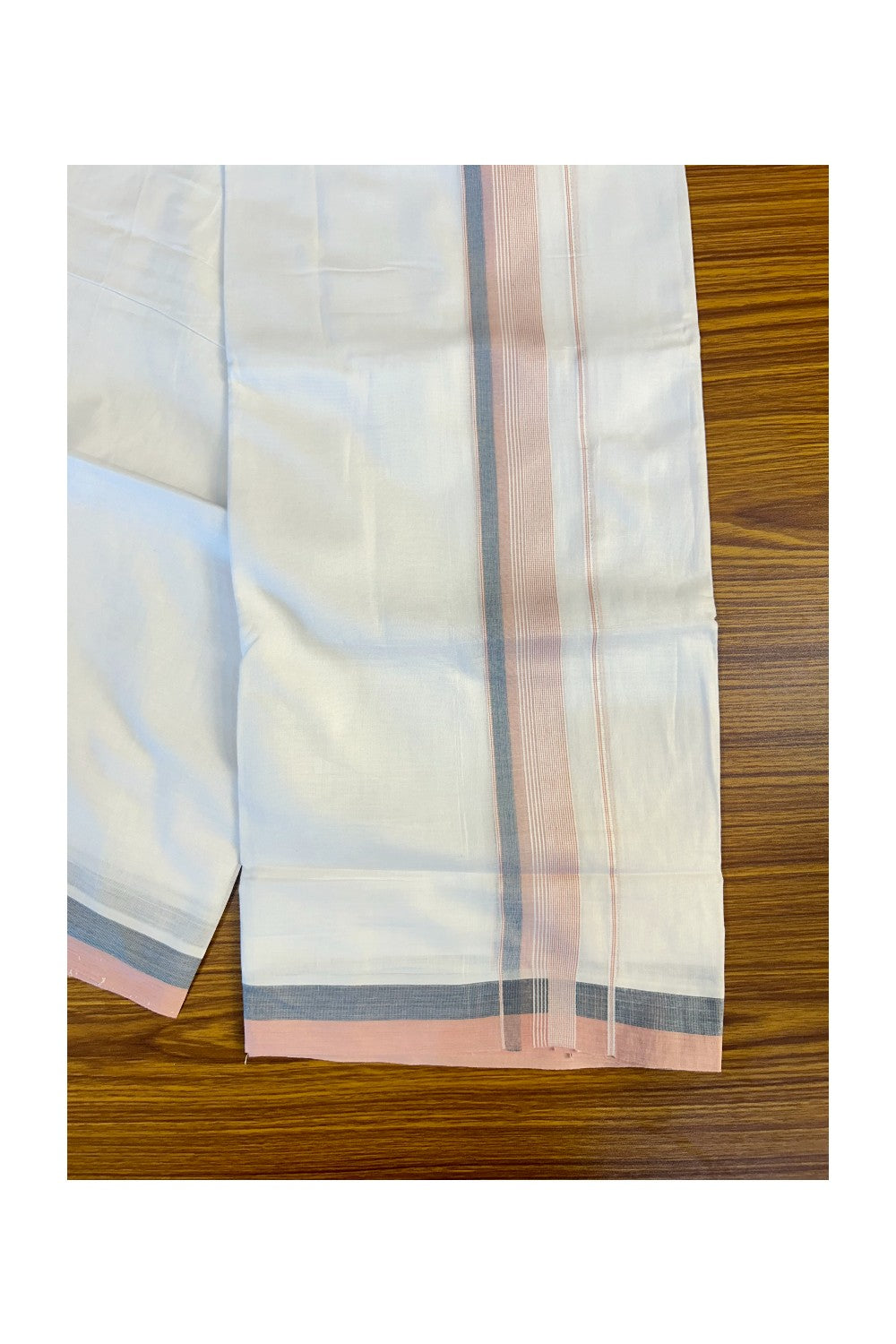 21% DISCOUNT!! Kaitharikada Balaramapuram 100% Cotton Ultra WHITE Double Mundu/Dothi-100x80  2.5 Inch LIGHT PEACH,BLUE & WHITE STRIPED Cotton Kara - 5KK63VIN.