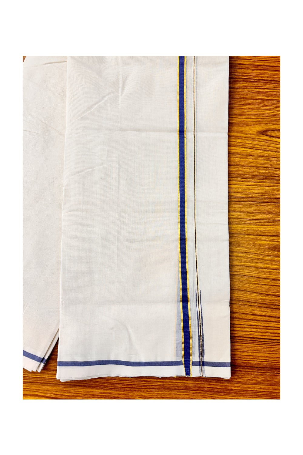 15% DISCOUNT! KaithariKada BALARAMAPURAM HANDLOOM Millpaav- 100% PURE Cotton 100x100 Double Mundu/Dhoti OFF WHITE (Unbleached) - PULIYILAKKARA Navy Blue & Kasavu 0.5 inch KARA-5RAM