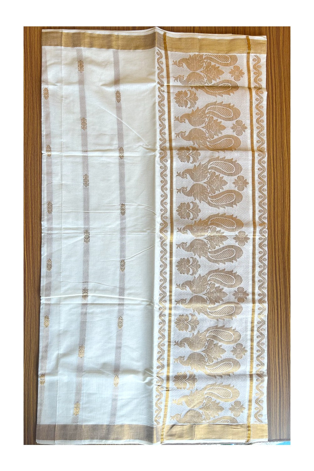 Kaitharikada Kerala Cotton Saree Off white - 30.25 inch Kasav Zari with Peacock Pattern Putta Design- 5KK1002JEE