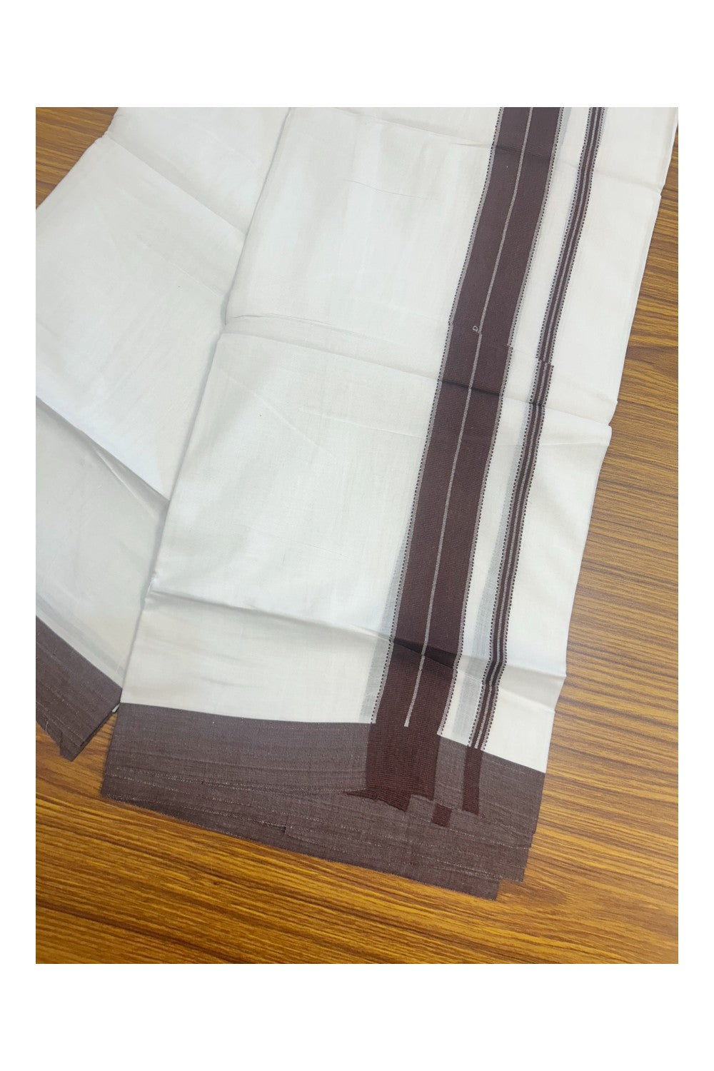 21% DISCOUNT! KaithariKada Balaramapuram 100% Cotton Double PURE white Mundu/Dhoti-100x80 - 1.5 Inch Brown Design Kara - 5KK5143PMC