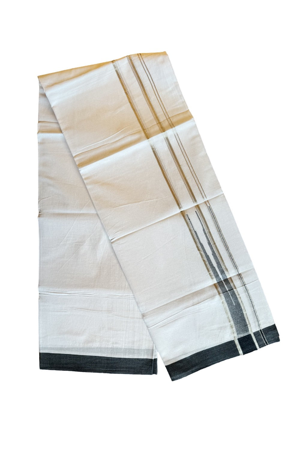 21% DISCOUNT!! Kaitharikada Balaramapuram 100% Cotton PURE WHITE Double Mundu/Dothi-100x100 Puliyilakkara CHUTTY 1.75 Inch Black & SILVER STRIPED Cotton Kara - 50KK424CEE