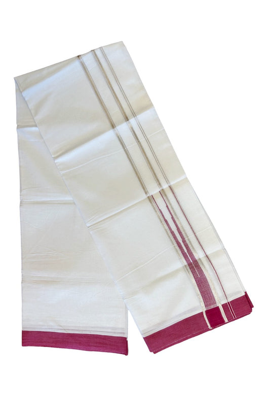 21% DISCOUNT!! Kaitharikada Balaramapuram 100% Cotton PURE WHITE Double Mundu/Dothi-100x100 Puliyilakkara CHUTTY 1.75 Inch Maroon  & SILVER STRIPED Cotton Kara - 51KK424CEE