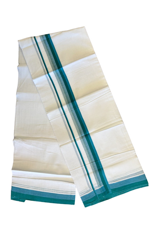 15% DISCOUNT!! Kaitharikada Balaramapuram 100% Cotton Ultra WHITE Double Mundu/Dothi-100x90  2.25 inch Green & Blue shaded stripes kara - 51KK430VAS