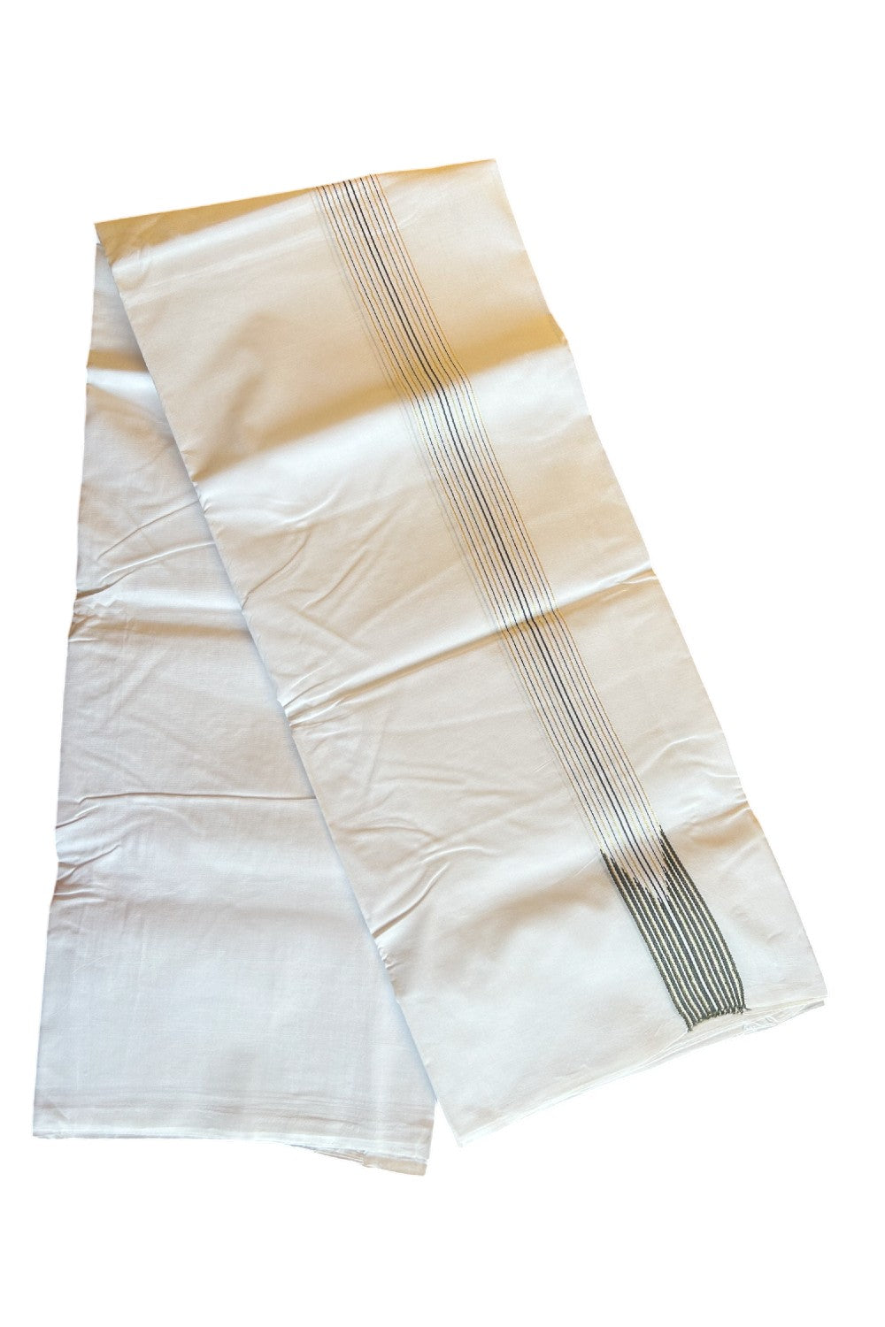 25% DISCOUNT ! KaithariKada 100% Cotton PURE WHITE Double Dhoti/Mundu-  1.5 Inch 12 Line Puliyilakkara Chutty Sage Green & Kasavu Stripes - 41KK487KK