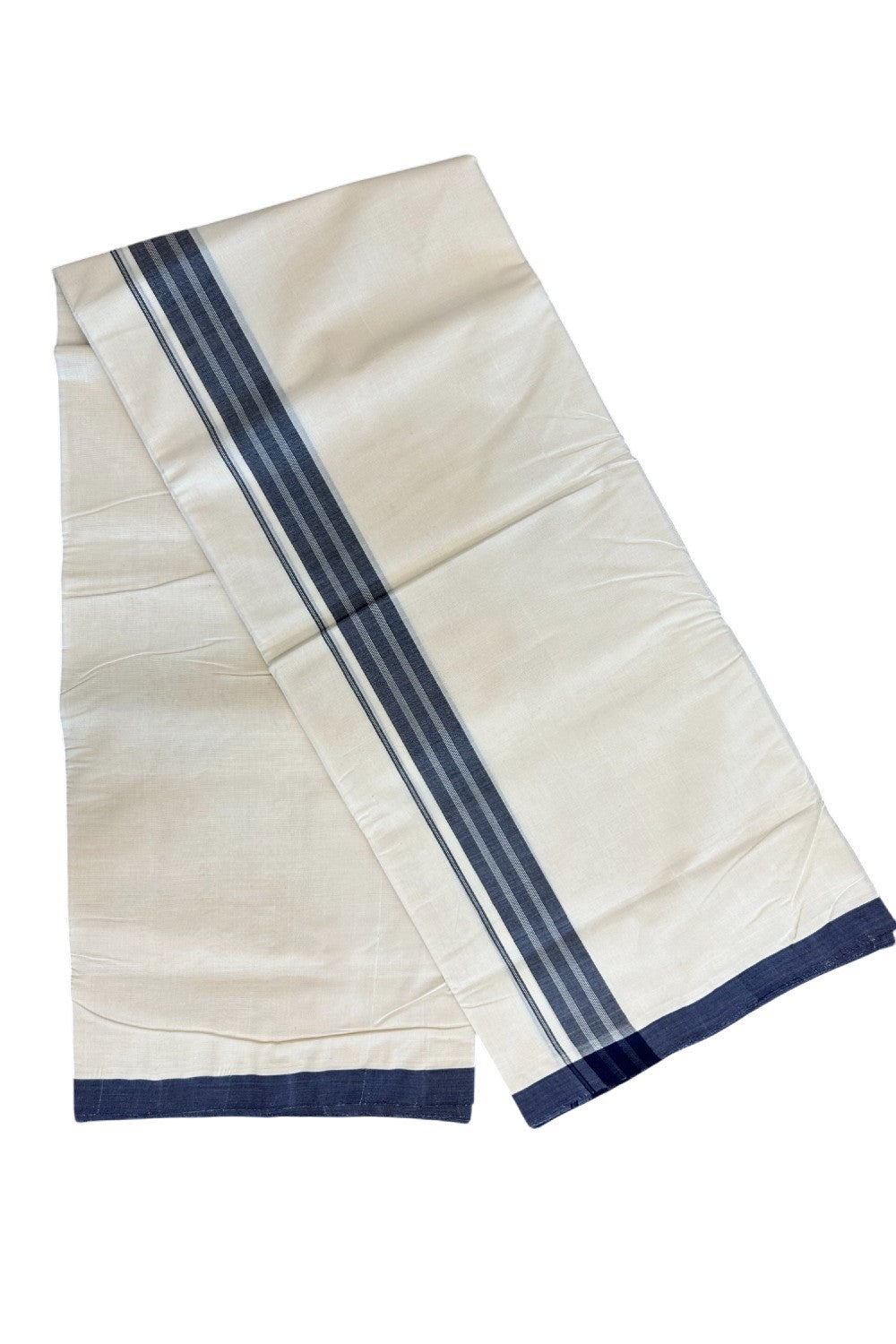 8% Discount!! KaithariKada HANDLOOM millpaav Balaramapuram - 100% PURE Cotton OFF White - (Unbleached) Double Mundu/Dothi - 2 inch Navy Blue Striped Mulloth Kara 4.5 Meters (10 Muzham) - 51KK5029RAV