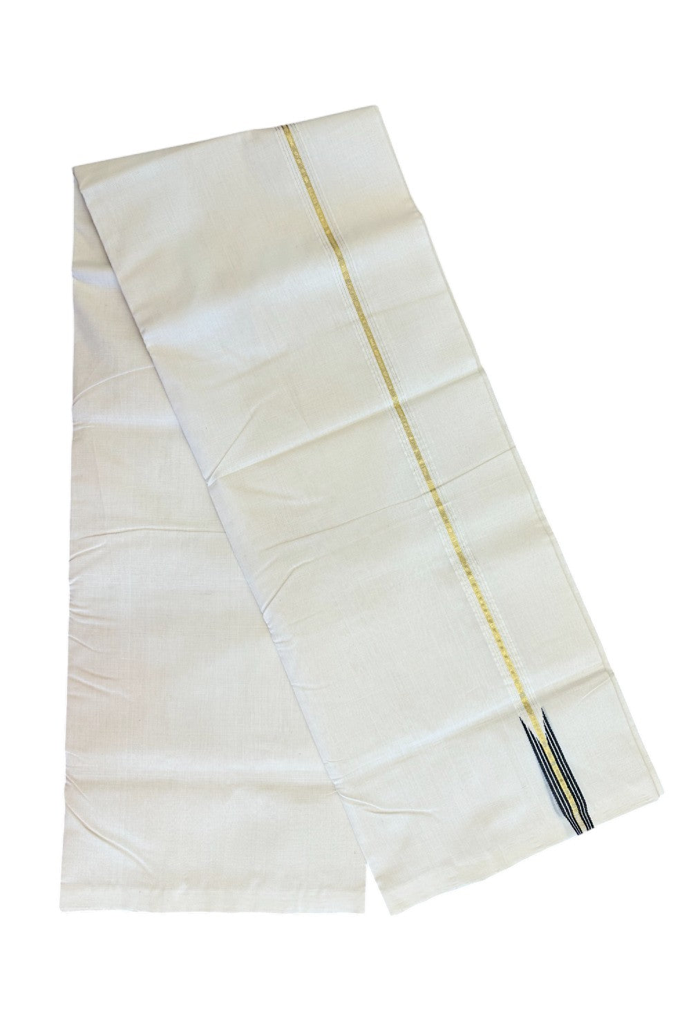 21% DISCOUNT!! KaithariKada HANDLOOM Unakkupaav Balaramapuram - 100% PURE Cotton OFF White (Unbleached) Double Mundu/Dothi - Kasavu gold striped black puliyilakkara Chutty - 5KK114ASH