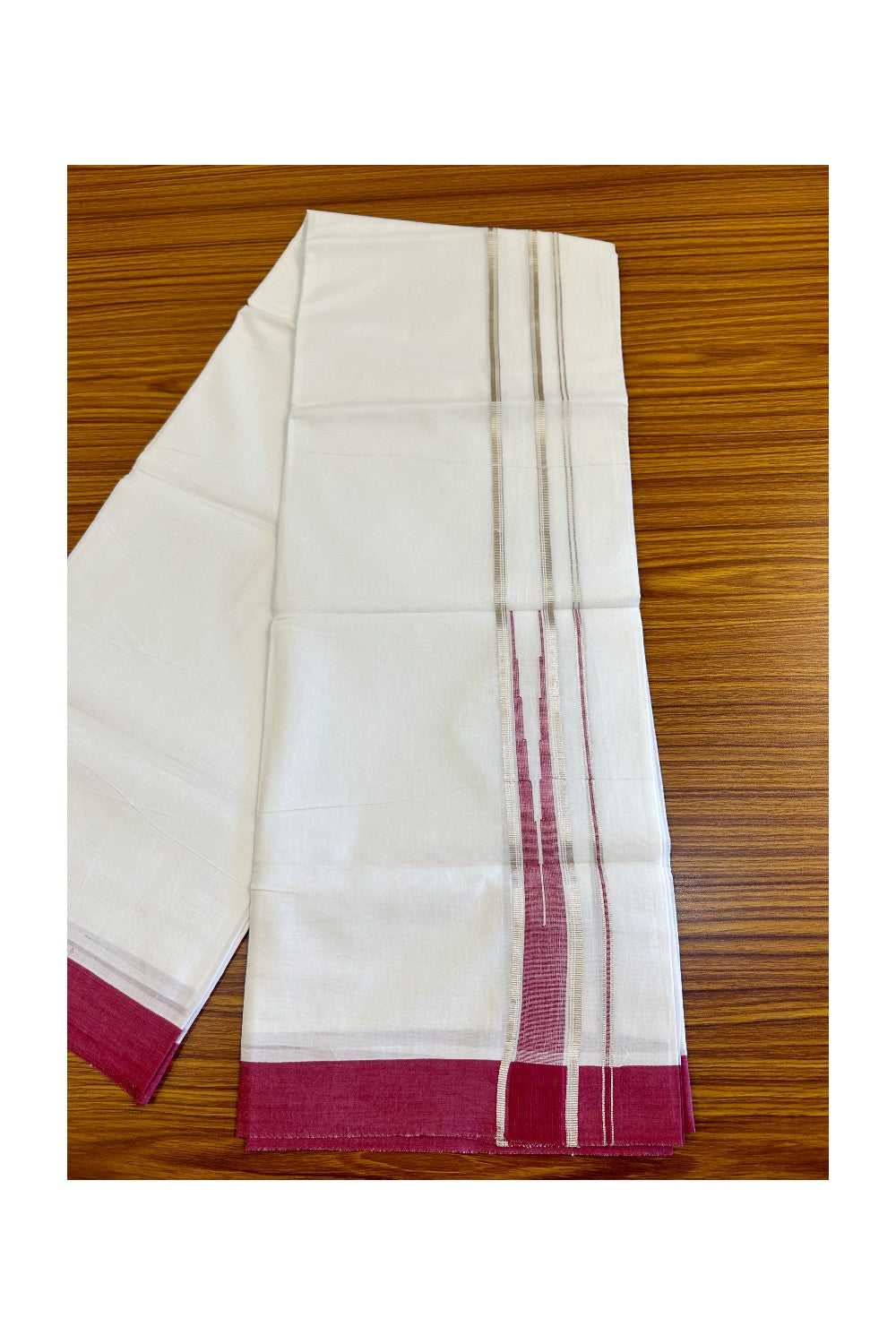 21% DISCOUNT!! Kaitharikada Balaramapuram 100% Cotton PURE WHITE Double Mundu/Dothi-100x100 Puliyilakkara CHUTTY 1.75 Inch Maroon  & SILVER STRIPED Cotton Kara - 51KK424CEE