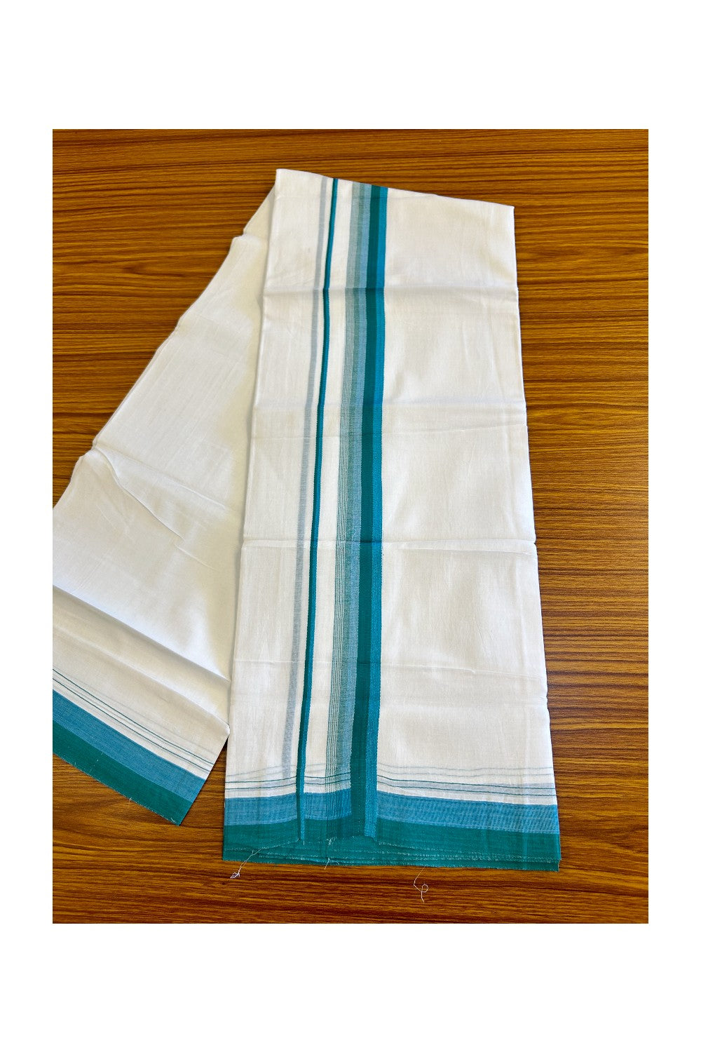 15% DISCOUNT!! Kaitharikada Balaramapuram 100% Cotton Ultra WHITE Double Mundu/Dothi-100x90  2.25 inch Green & Blue shaded stripes kara - 51KK430VAS