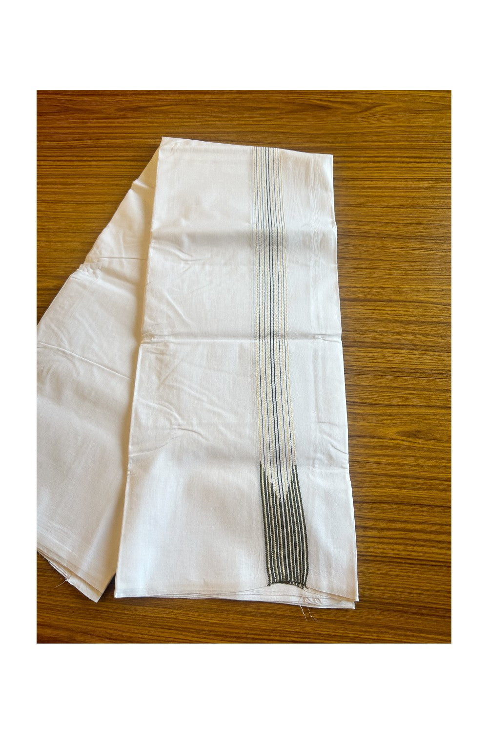 25% DISCOUNT ! KaithariKada 100% Cotton PURE WHITE Double Dhoti/Mundu-  1.5 Inch 12 Line Puliyilakkara Chutty Sage Green & Kasavu Stripes - 41KK487KK