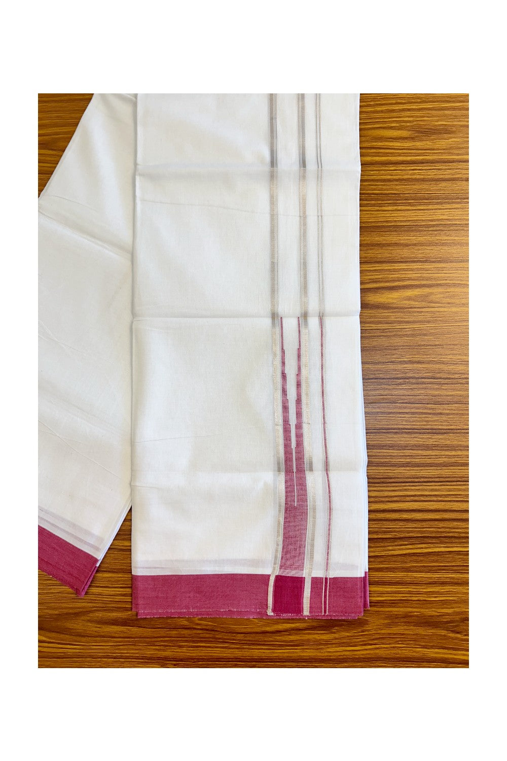 21% DISCOUNT!! Kaitharikada Balaramapuram 100% Cotton PURE WHITE Double Mundu/Dothi-100x100 Puliyilakkara CHUTTY 1.75 Inch Maroon  & SILVER STRIPED Cotton Kara - 51KK424CEE