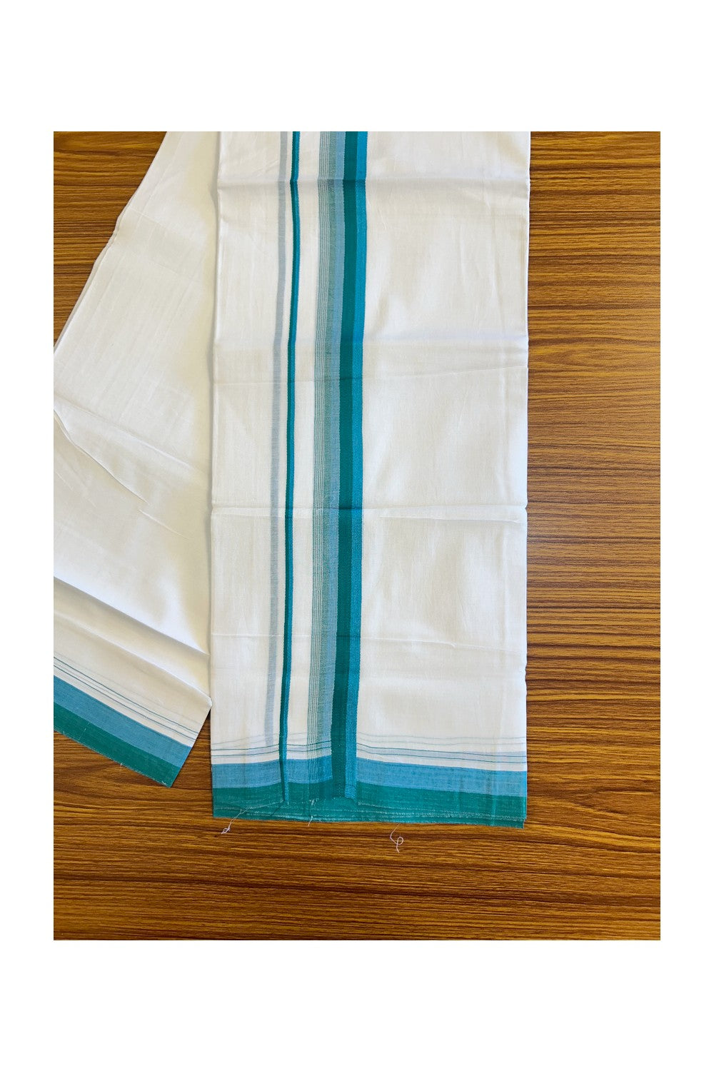 15% DISCOUNT!! Kaitharikada Balaramapuram 100% Cotton Ultra WHITE Double Mundu/Dothi-100x90  2.25 inch Green & Blue shaded stripes kara - 51KK430VAS