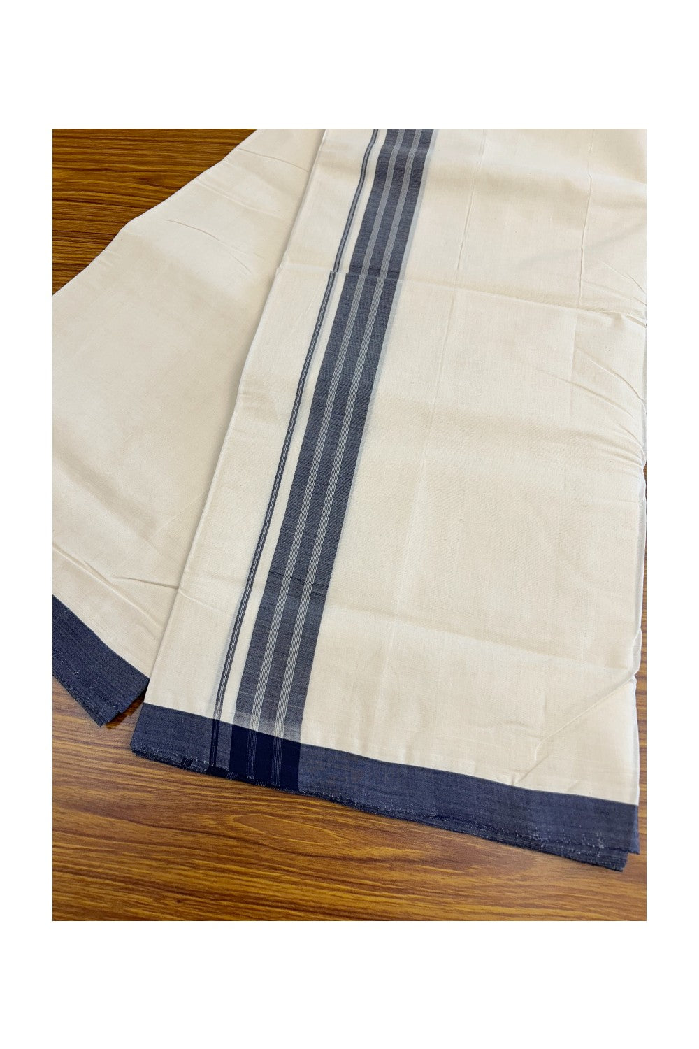 8% Discount!! KaithariKada HANDLOOM millpaav Balaramapuram - 100% PURE Cotton OFF White - (Unbleached) Double Mundu/Dothi - 2 inch Navy Blue Striped Mulloth Kara 4.5 Meters (10 Muzham) - 51KK5029RAV