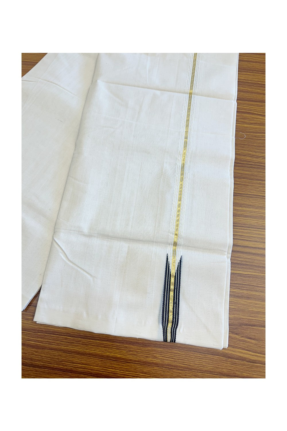 21% DISCOUNT!! KaithariKada HANDLOOM Unakkupaav Balaramapuram - 100% PURE Cotton OFF White (Unbleached) Double Mundu/Dothi - Kasavu gold striped black puliyilakkara Chutty - 5KK114ASH