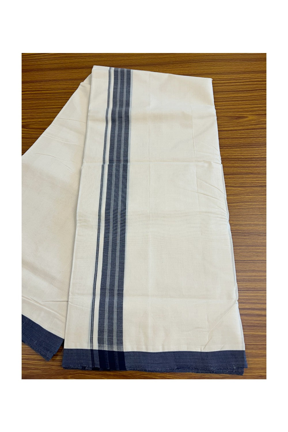 8% Discount!! KaithariKada HANDLOOM millpaav Balaramapuram - 100% PURE Cotton OFF White - (Unbleached) Double Mundu/Dothi - 2 inch Navy Blue Striped Mulloth Kara 4.5 Meters (10 Muzham) - 51KK5029RAV