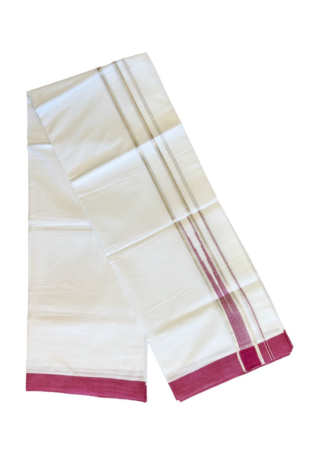 21% DISCOUNT!! Kaitharikada Balaramapuram 100% Cotton PURE WHITE Double Mundu/Dothi-100x100 Puliyilakkara CHUTTY 1.75 Inch Magenta & SILVER STRIPED Cotton Kara - 52KK424CEE