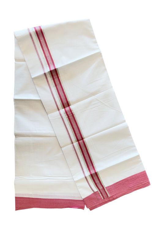 24% DISCOUNT!! Kaitharikada Balaramapuram 100% Cotton Ultra WHITE Double Mundu./Dothi-100x80  1.75 Inch MAGENTA + SILVER Striped Cotton Kara -52KK45VAS.