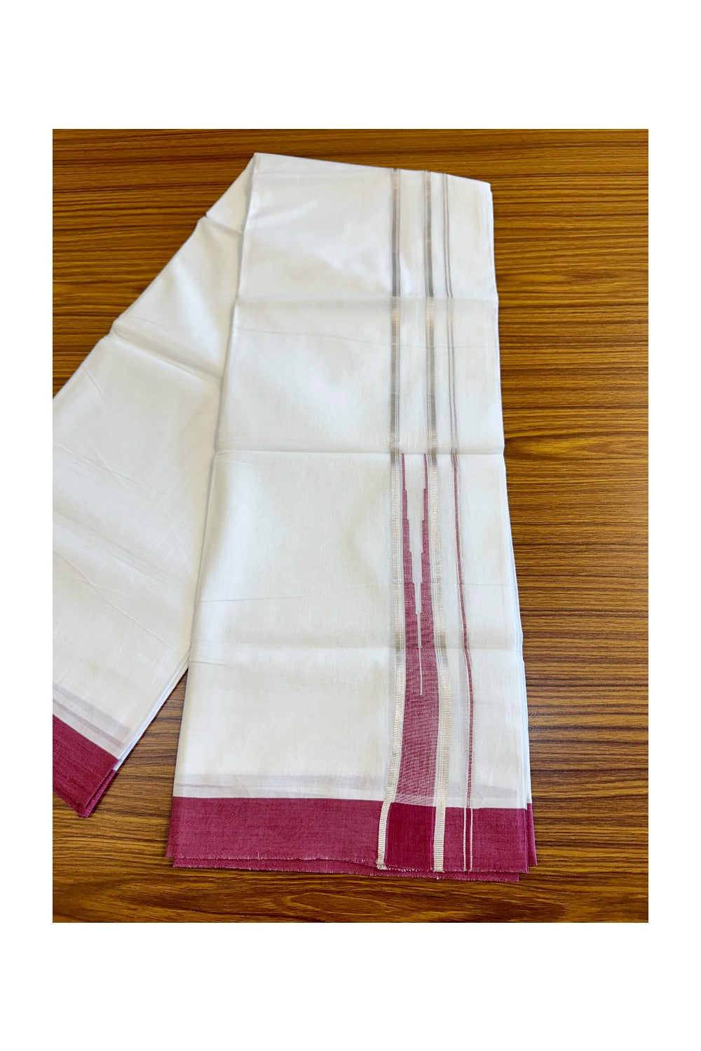 21% DISCOUNT!! Kaitharikada Balaramapuram 100% Cotton PURE WHITE Double Mundu/Dothi-100x100 Puliyilakkara CHUTTY 1.75 Inch Magenta & SILVER STRIPED Cotton Kara - 52KK424CEE