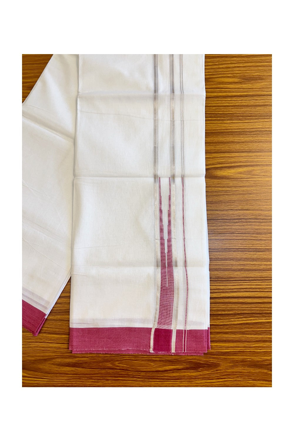 21% DISCOUNT!! Kaitharikada Balaramapuram 100% Cotton PURE WHITE Double Mundu/Dothi-100x100 Puliyilakkara CHUTTY 1.75 Inch Magenta & SILVER STRIPED Cotton Kara - 52KK424CEE