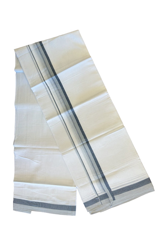 15% DISCOUNT!! Kaitharikada Balaramapuram 100% Cotton Ultra WHITE Double Mundu/Dothi-100x90  2 inch Ash Gray & Navy Blue  shaded stripes kara - 53KK430VAS