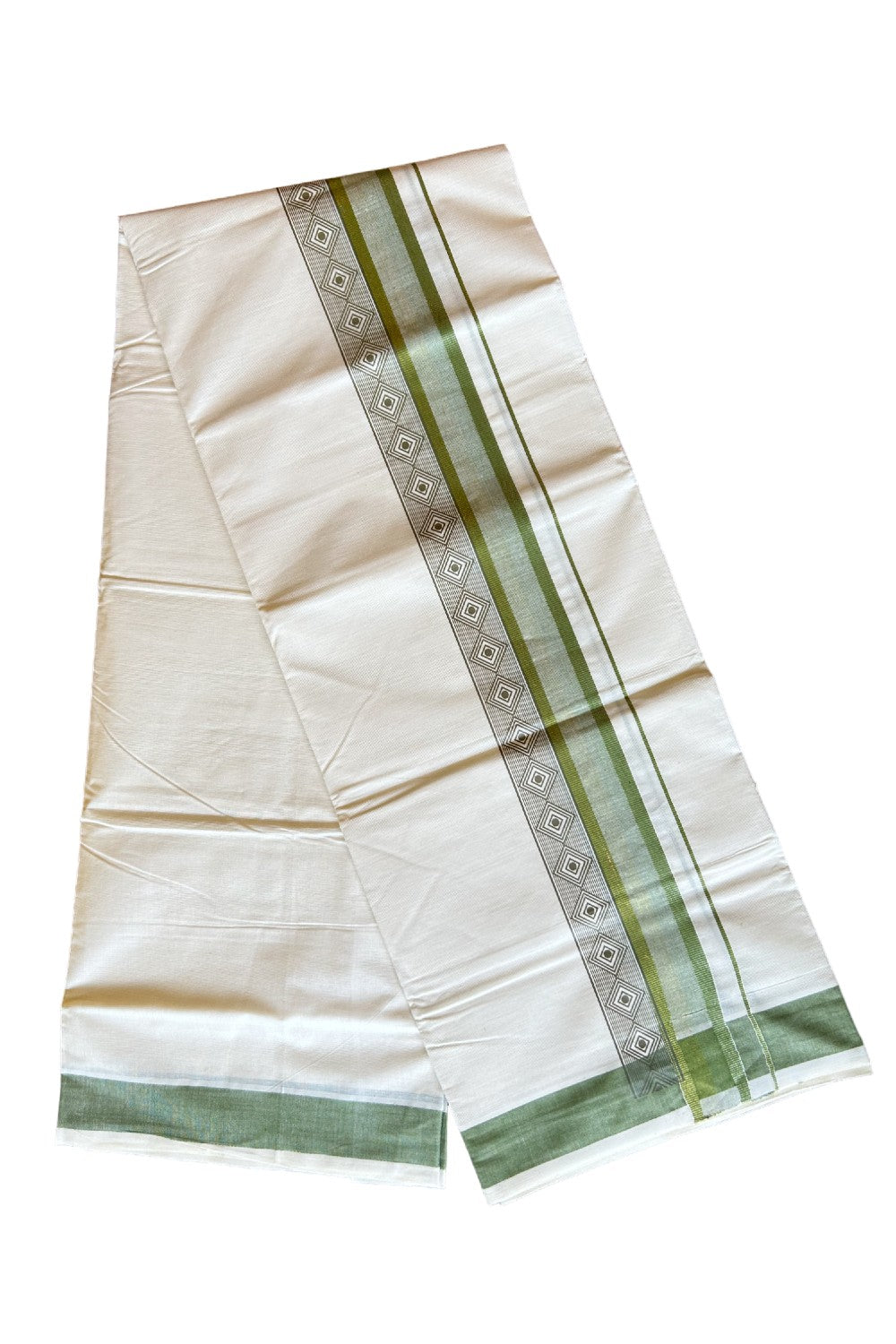 32% Discount !! KaithariKada Balaramapuram 100% Cotton Off white (Unbleached) Double Mundu/Dhoti - 80x72 - 3.25 Inch Light green silver & kasavu shaded pattern printed kara - 53KK470VIN