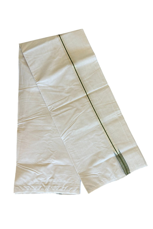 21% DISCOUNT!! KaithariKada Balaramapuram 100% Cotton  OFF WHITE Double - (Unbleached) Mundu/Dhoti-100x100  2 cm Puliyilakkara chutty 6 line Kasavu & Fern green - 53KK500KK